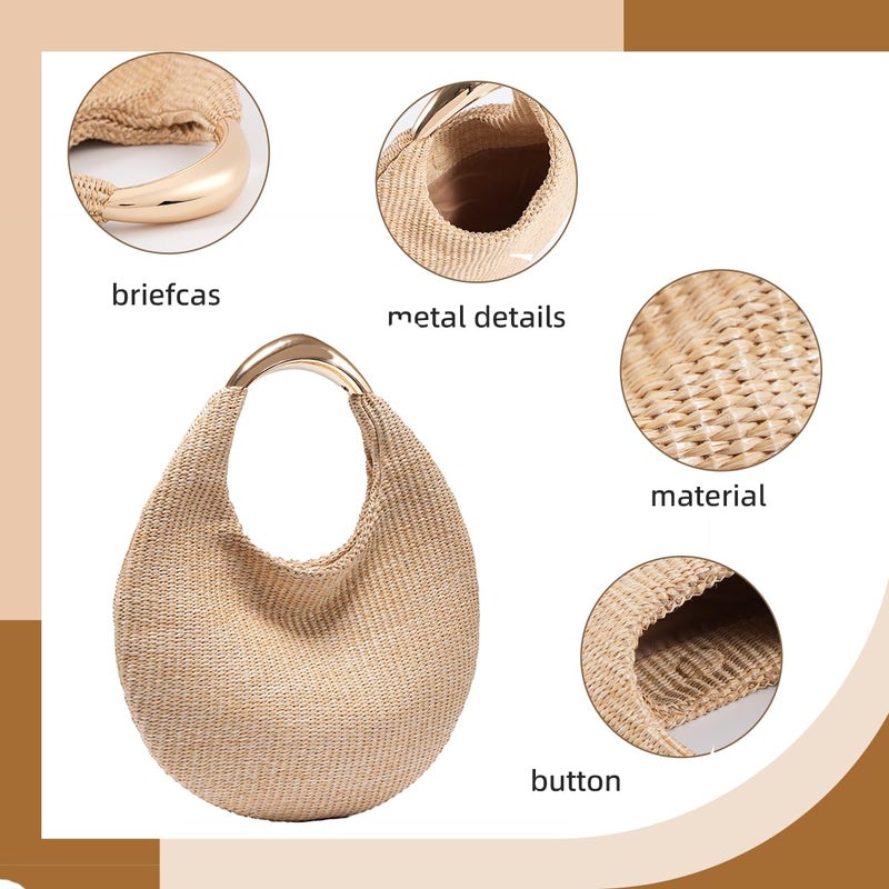 PHILOMENA Straw Bag for Women Crescent Bag, Boho Chic Summer Beach Braided Tote Purse Lightweight & Stylish Top Handle Handbag (Apricot) - Image 5