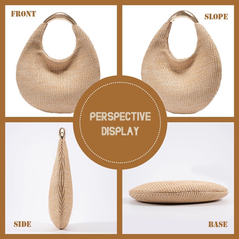 PHILOMENA Straw Bag for Women Crescent Bag, Boho Chic Summer Beach Braided Tote Purse Lightweight & Stylish Top Handle Handbag (Apricot) - Image 4