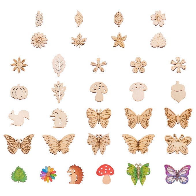 Elecrelive 300pcs Assorted Unfinished Wooden Cutouts Flower Leaf Butterfly Small Blank Wood Slice Pieces Ornaments Hanging Embellishments for DIY Art Crafts Projects Decoration
