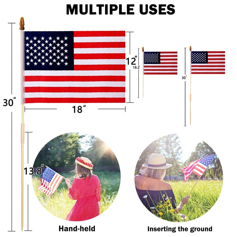 Uelfbaby 12 Pcs 12x18 Inch American Flags for Outside, 250th Anniversary USA Stick Flag with Handheld and Grounded Multi-Purpose Flagpole, Memorial Day, 4th of July Decorations, Patriotic Decorations - Image 2