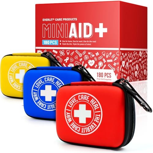 EVERLIT CARE MiniAid First Aid Kit Compact Lightweight Case with Carabiners for Travel Family Kid Friendly 180 Pcs Wound Care Supplies for School Work Outdoor Home Office Pack of 3 - Image 1