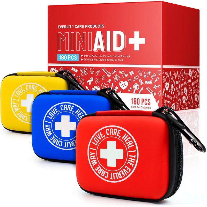EVERLIT CARE MiniAid First Aid Kit Compact Lightweight Case with Carabiners for Travel Family Kid Friendly 180 Pcs Wound Care Supplies for School Work Outdoor Home Office Pack of 3 - Image 2