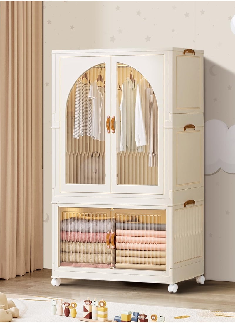 CityRiya-Long Kids Wardrobe Baby Closet Storage Organizer Portable Children Clothes Cabinet Storage Rack Toddler Dresser with Hanging Rod and Wheels for Boys Girls Clothing Nursery Armoire White  - Image 1