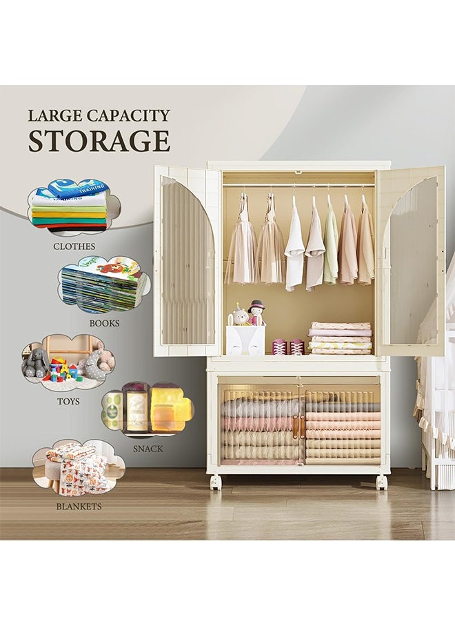 CityRiya-Long Kids Wardrobe Baby Closet Storage Organizer Portable Children Clothes Cabinet Storage Rack Toddler Dresser with Hanging Rod and Wheels for Boys Girls Clothing Nursery Armoire White  - Image 3