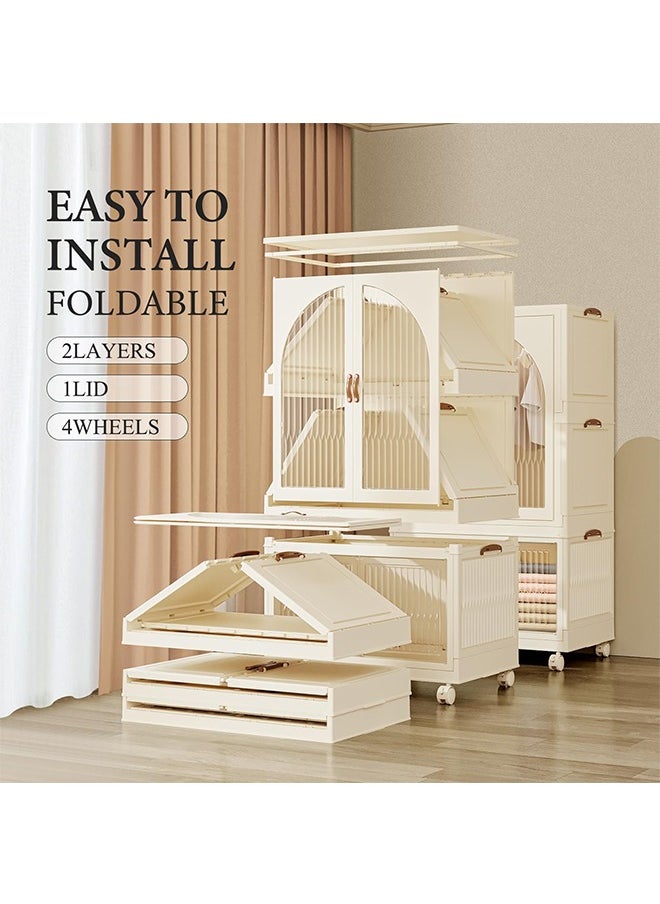 CityRiya-Long Kids Wardrobe Baby Closet Storage Organizer Portable Children Clothes Cabinet Storage Rack Toddler Dresser with Hanging Rod and Wheels for Boys Girls Clothing Nursery Armoire White  - Image 2