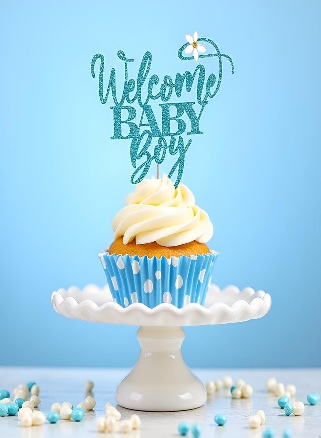 Kaoenla Blue Glitter Welcome Baby Boy Baby Shower Cake Topper - Newborn Gender Reveal Party Decor - Image 4