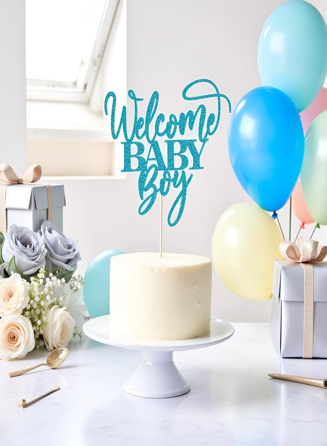 Kaoenla Blue Glitter Welcome Baby Boy Baby Shower Cake Topper - Newborn Gender Reveal Party Decor - Image 1