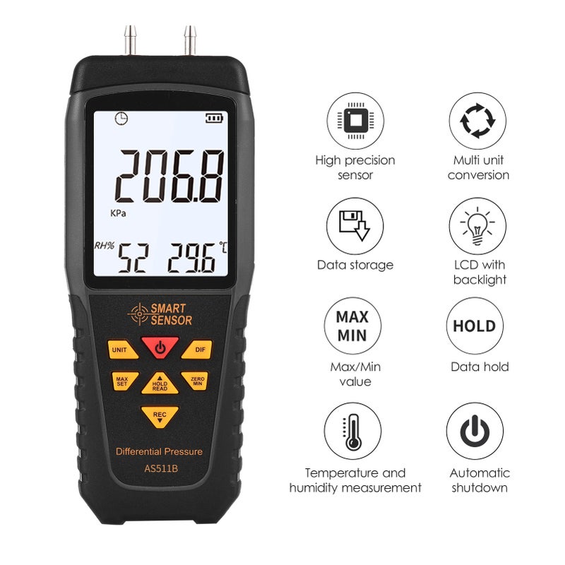 مقياس الضغط التفاضلي الرقمي SMART SENSOR AS511B - مقياس الضغط لمدى -206.8~206.8 كيلو باسكال، جهاز فحص ضغط الهواء والغاز بمنفذين مزدوجين مع شاشة LCD متوهجة تدعم قياس درجة الحرارة والرطوبة و12 وحدة قياس - Image 3