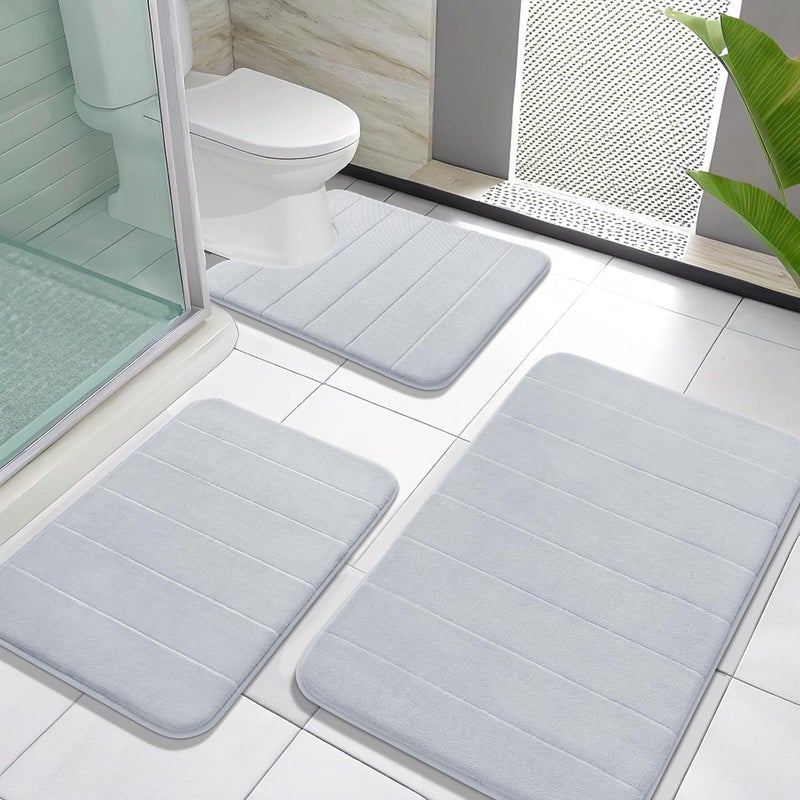 Yimobra Memory Foam Bath Mat Set 3 Pieces- Super Soft Absorbent Quick Dry Bathroom Rug Sets, Machine Washable Non Slip Floor Carpet for Tub Shower, Vanity & Toilet Base, Silver - Image 1