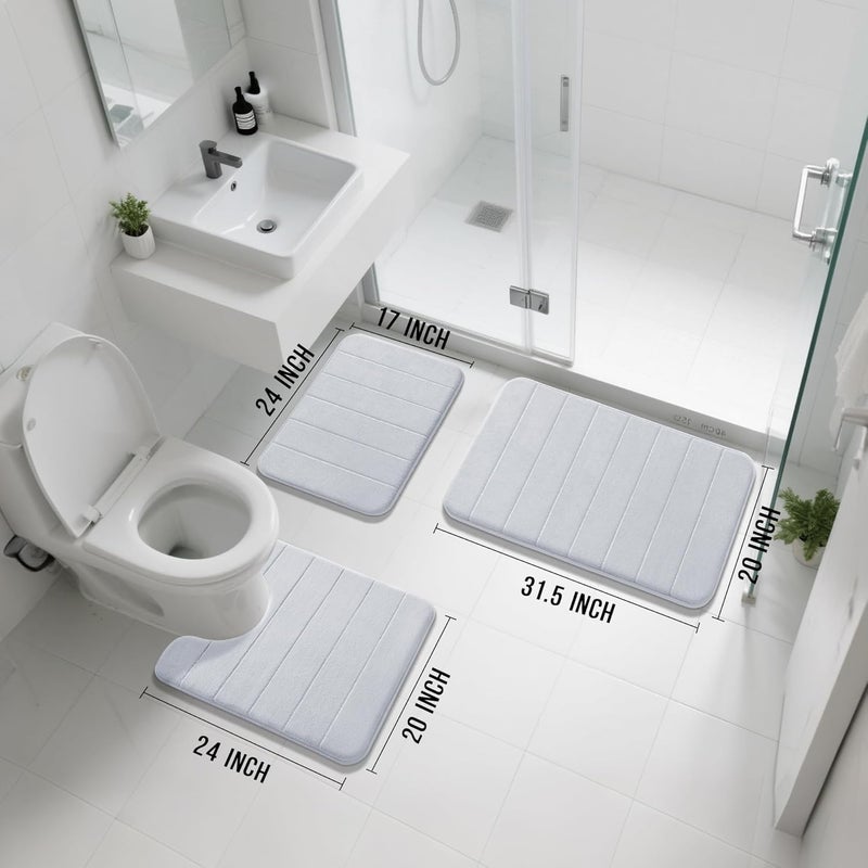 Yimobra Memory Foam Bath Mat Set 3 Pieces- Super Soft Absorbent Quick Dry Bathroom Rug Sets, Machine Washable Non Slip Floor Carpet for Tub Shower, Vanity & Toilet Base, Silver - Image 2