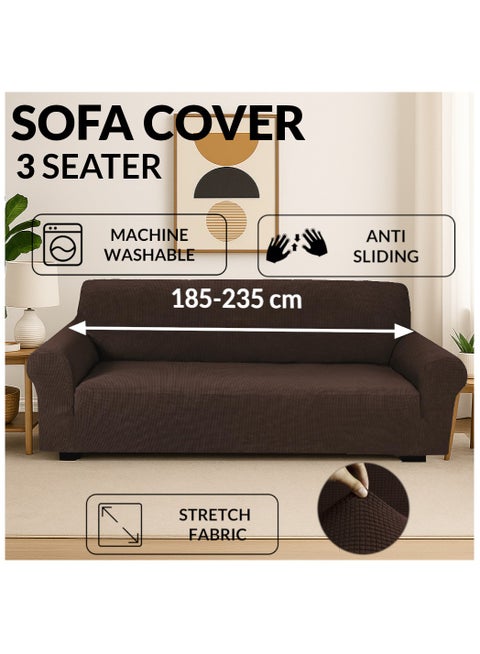 Stretch Fit 3-Seater Sofa Cover Soft Brushed Fabric Couch Cover Exquisitely Full Coverage Furniture Protector Slipcover Three Seater Fits on Standard and Recliner Sofa 185-235cm Size Brown