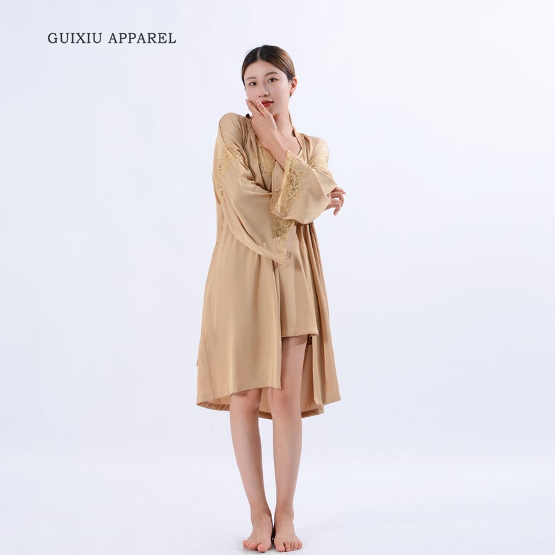 Foreign Trade Style Spring and Summer Pajamas Womens Nightgown Sexy Sling Sling Silk Nightdress Two-piece Set Comfortable Light Luxury Home Clothes Malt (dressing gown with skirt) 