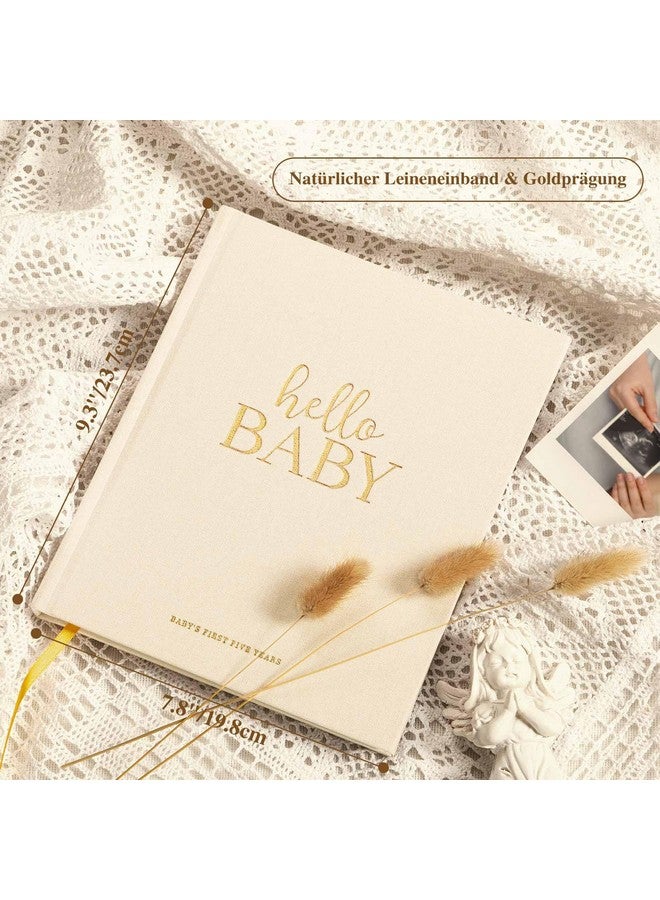 Lanpn Hello Baby First 5 Year Memory Book for Boy Girl - Linen Hardcover Baby Book Keepsake for New Parents - Newborn Baby Journal Scrapbook Photo Album Baby Milestone Book (Beige, 154 Pages) - Image 2