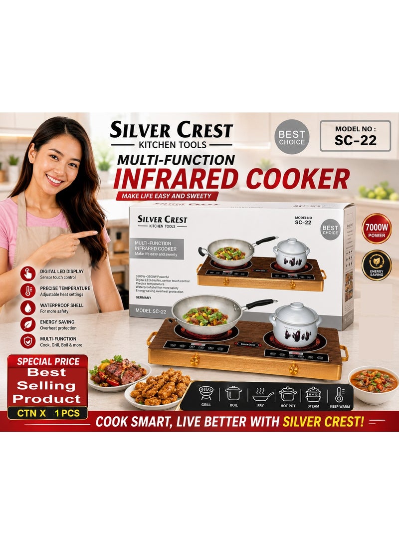 Silver Crest SC-22 Double Infrared Ceramic Cooker 7000W Electric Cooktop with Dual Heating Zones, Sensor Touch Control, LED Display, Waterproof Surface, Overheat Protection, Energy Saving Design for Fast and Efficient Cooking - Image 1