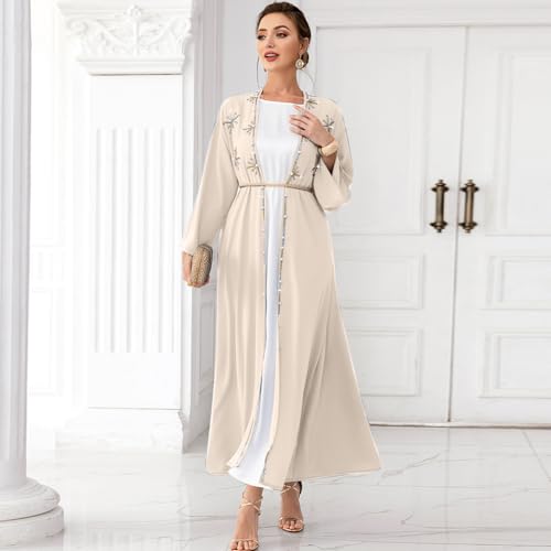 IDOPIP Muslim Abayas for Women Long Sleeve Open Front Cardigan with Belt Rhinestone Applique Maxi Kaftan Dress Islamic Dubai Robe Middle East Loose Full Cover Ramadan Prayer Clothes Champagne XL - Image 3