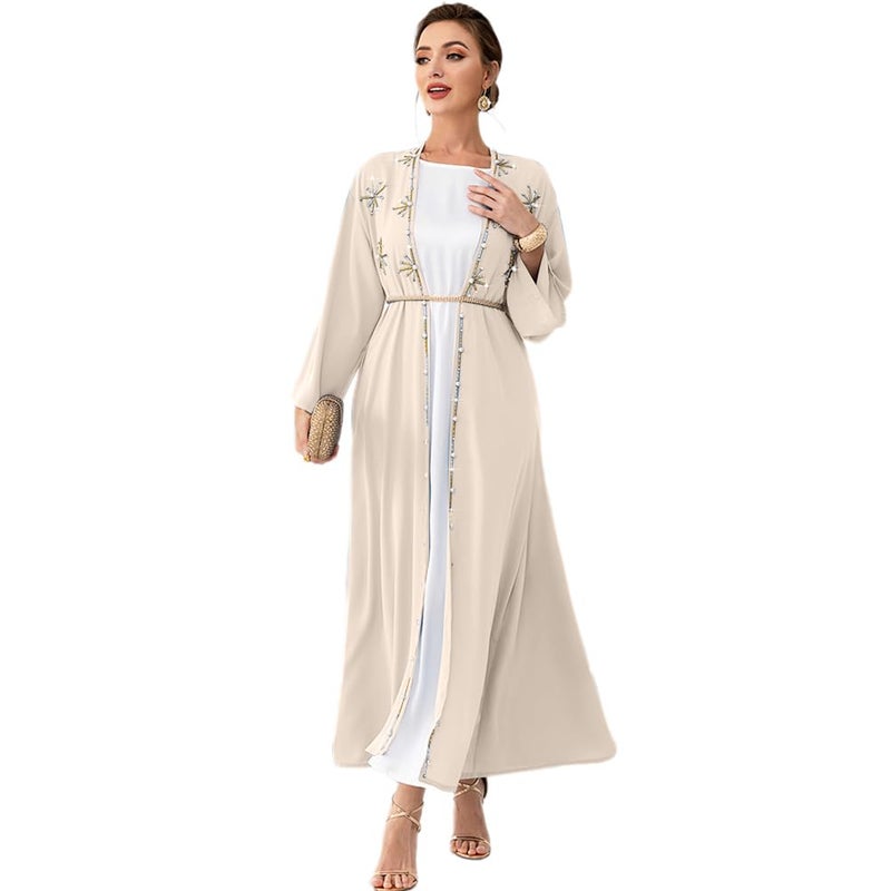 IDOPIP Muslim Abayas for Women Long Sleeve Open Front Cardigan with Belt Rhinestone Applique Maxi Kaftan Dress Islamic Dubai Robe Middle East Loose Full Cover Ramadan Prayer Clothes Champagne XL - Image 2