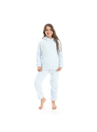 Self Patterened Long Sleeves Hooded Pijama-Light Blue
