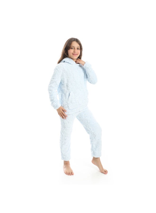 Andora Self Patterened Long Sleeves Hooded Pijama-Light Blue - Image 3