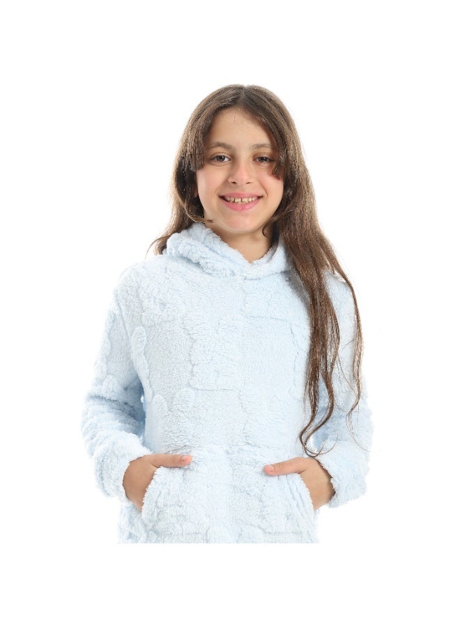 Andora Self Patterened Long Sleeves Hooded Pijama-Light Blue - Image 5