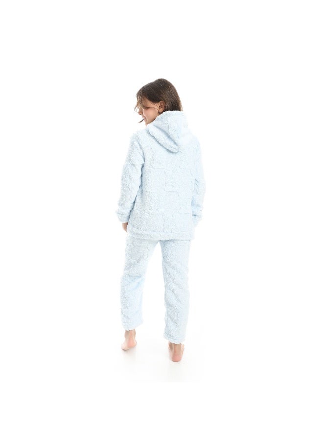 Andora Self Patterened Long Sleeves Hooded Pijama-Light Blue - Image 2
