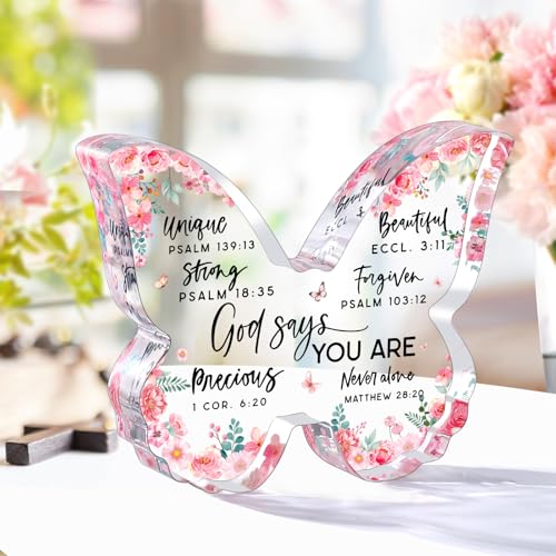 Jettryran Christian Gifts for Women Friends Birthday Butterfly Inspiration Religious Valentines Gifts for Women Mom Sister Coworker God Says You Are Gift Catholic Encouragement Faith Based Desk Decor Plaque - Image 3