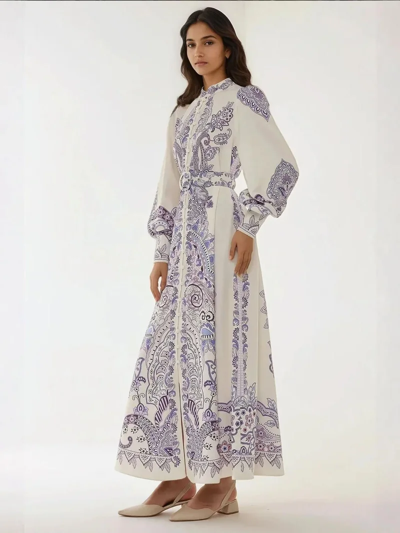 Hiccup Multicolor Printed Long Sleeve Maxi Dress with Belt for Women | Best Price UAE