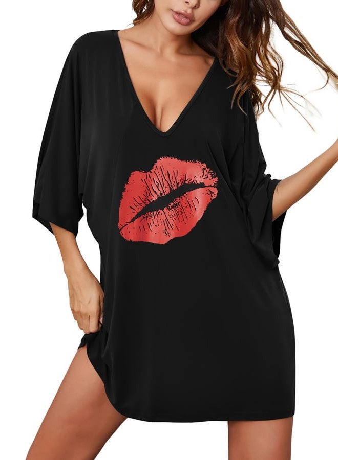 Ekouaer Women's Sleepshirt Deep V Neck Nightgown Batwing Nightshirt Oversized Sleepwear S-4XL, Red Lip, XL - Image 1