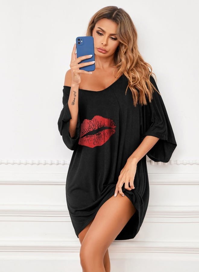 Ekouaer Women's Sleepshirt Deep V Neck Nightgown Batwing Nightshirt Oversized Sleepwear S-4XL, Red Lip, XL - Image 2