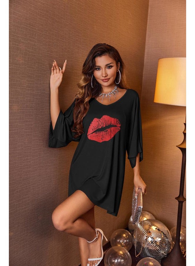 Ekouaer Women's Sleepshirt Deep V Neck Nightgown Batwing Nightshirt Oversized Sleepwear S-4XL, Red Lip, XL - Image 3