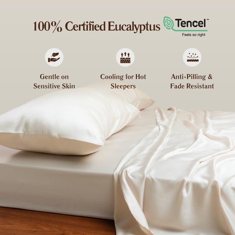 ArthCrafted 100% Austrian Eucalyptus Sheets King Size 4PC  Tencel Sheets King Size  Tencel Lyocell Sheets  Softer Than Silk Sheets  18"" Deep Pocket King Sheet Set (Oat Milk) - Image 2