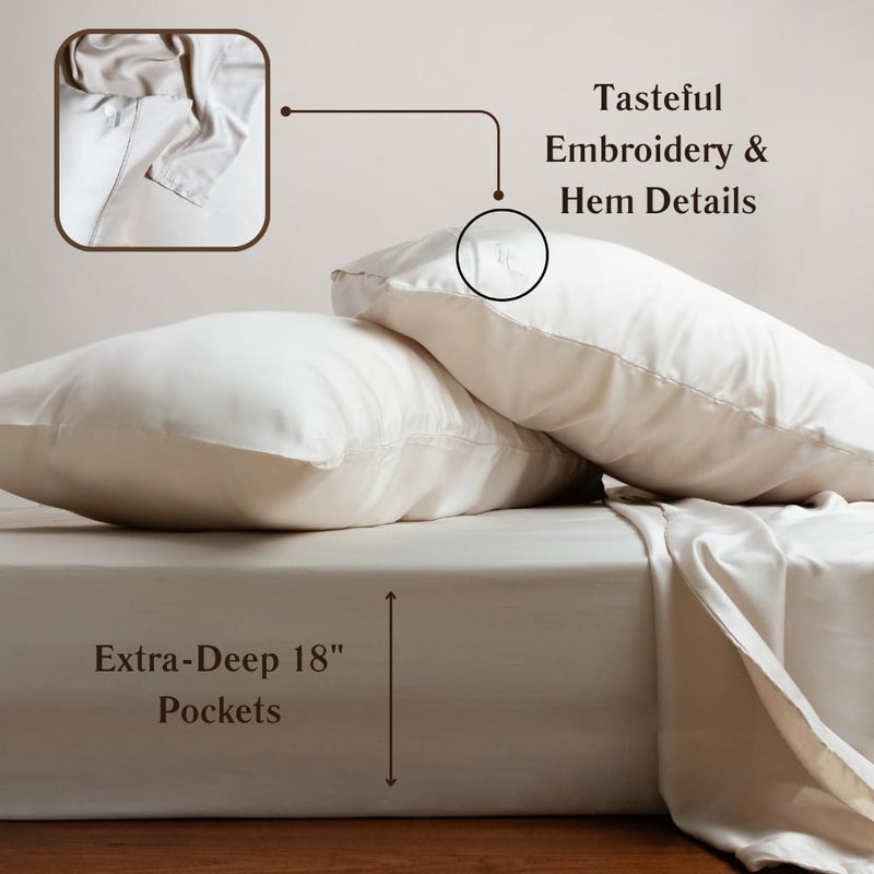 ArthCrafted 100% Austrian Eucalyptus Sheets King Size 4PC  Tencel Sheets King Size  Tencel Lyocell Sheets  Softer Than Silk Sheets  18"" Deep Pocket King Sheet Set (Oat Milk) - Image 4