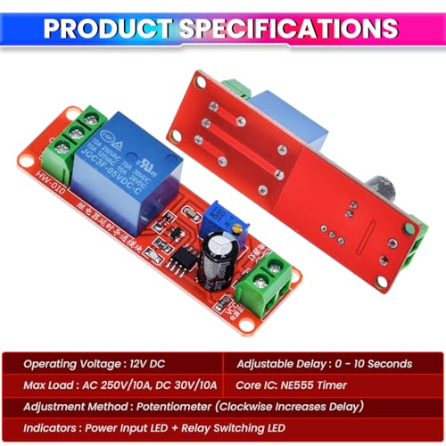amiciSmart NE555 Timer Switch Module 5V DC Adjustable Delay Relay Board (0 to 10 Seconds) with Potentiometer, Power & Status LEDs - High-Power Time Delay Relay for DIY Automation - Image 3