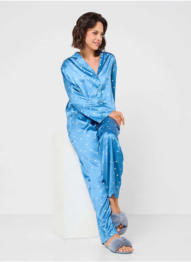 Ginger Satin Printed Button Down Pyjama Set  - Image 1