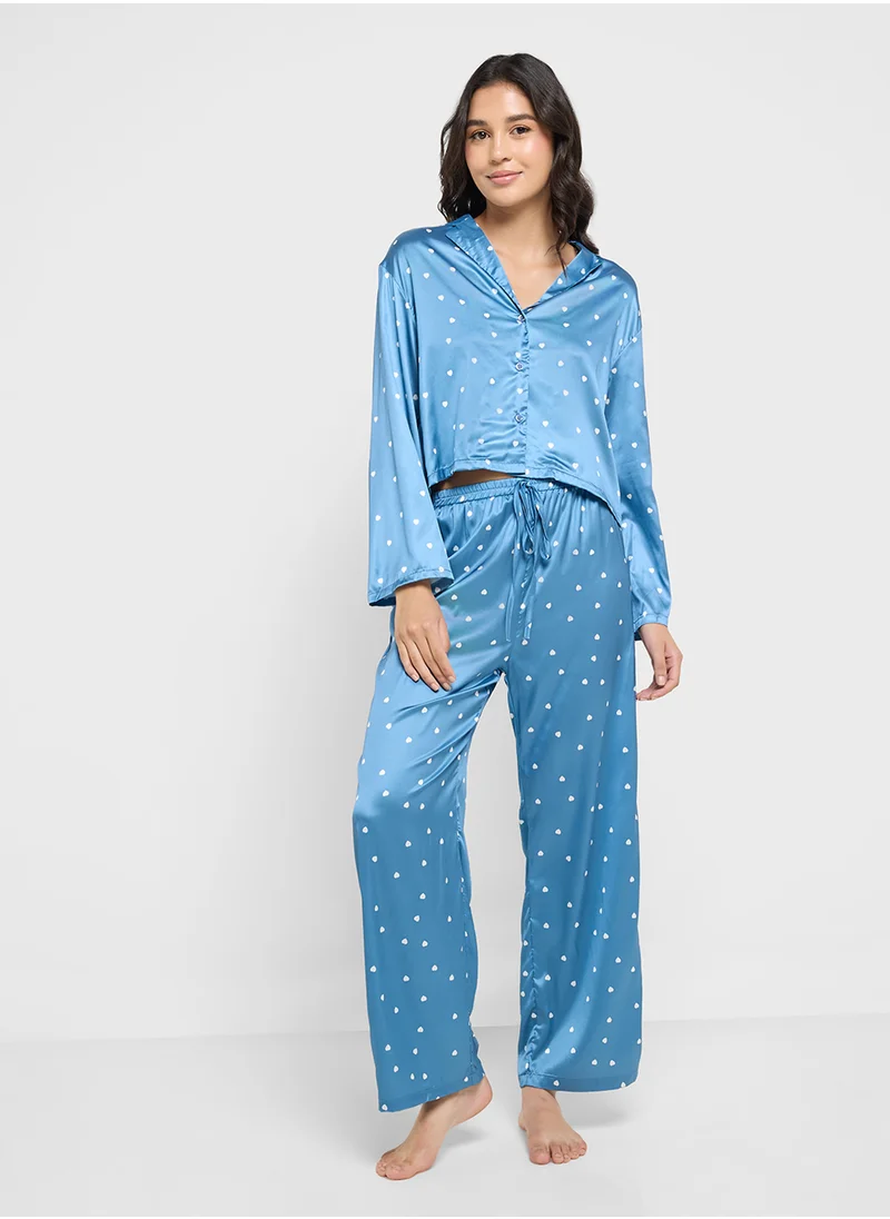 جينجر Satin Printed Button Down Pyjama Set