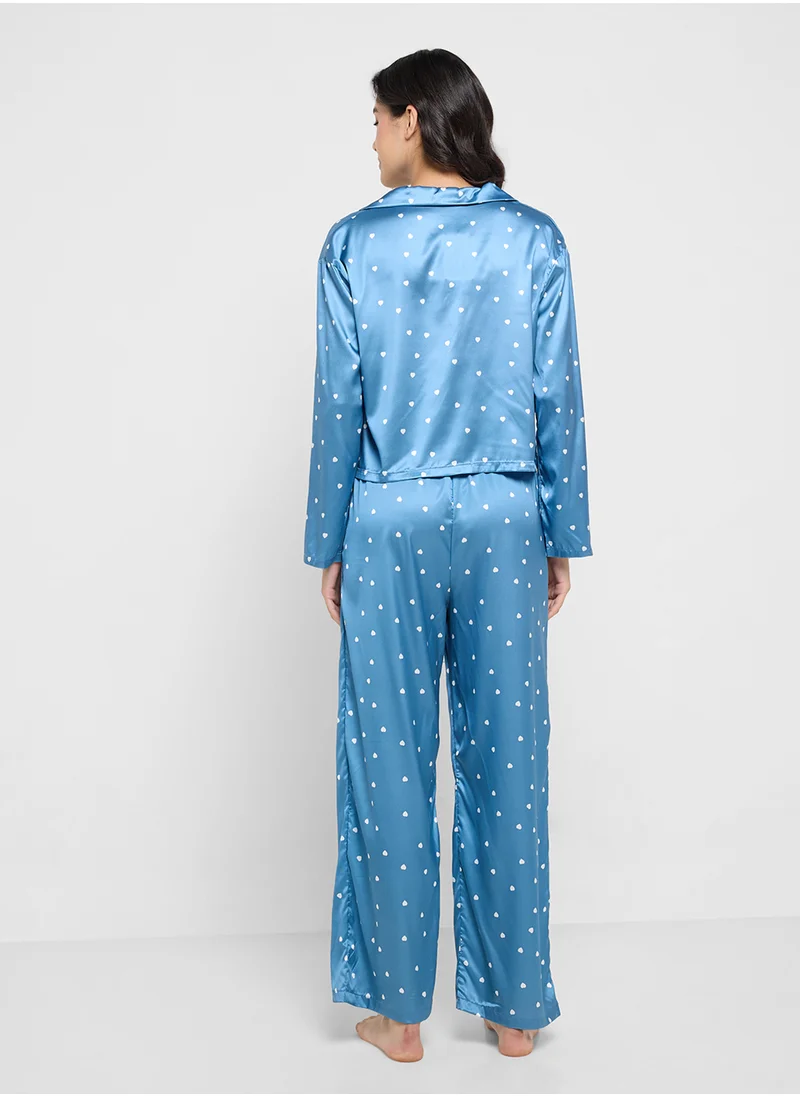 جينجر Satin Printed Button Down Pyjama Set
