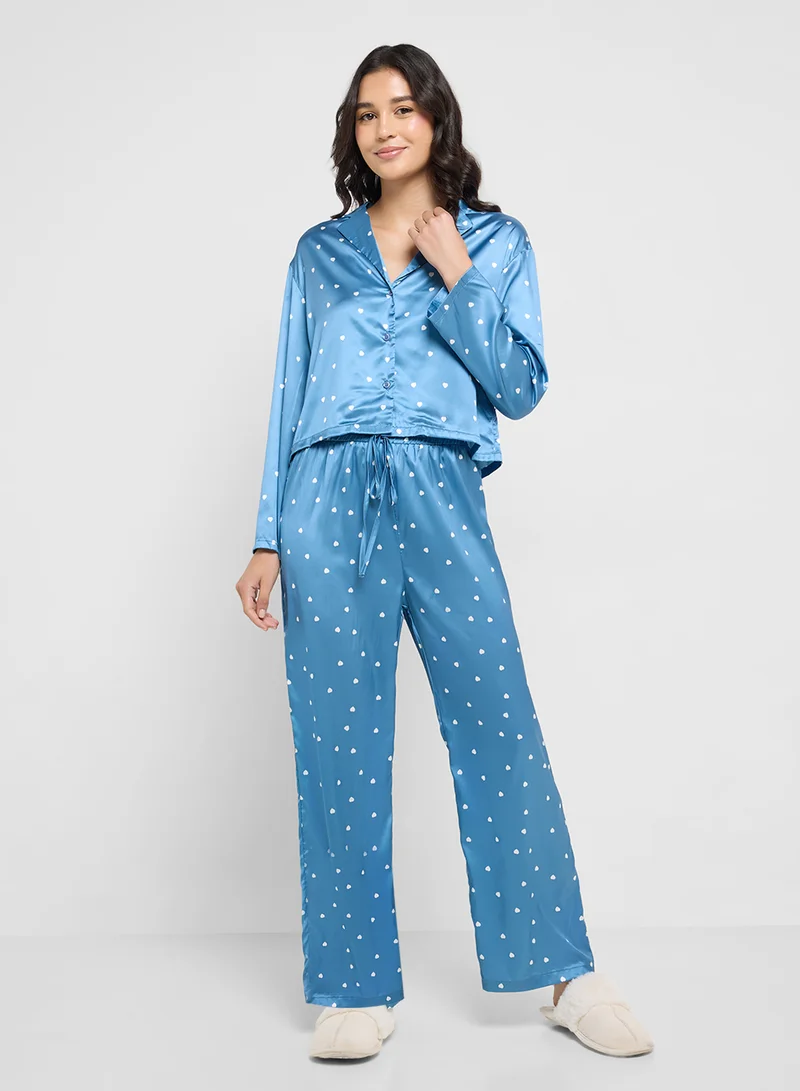 Ginger Satin Printed Button Down Pyjama Set