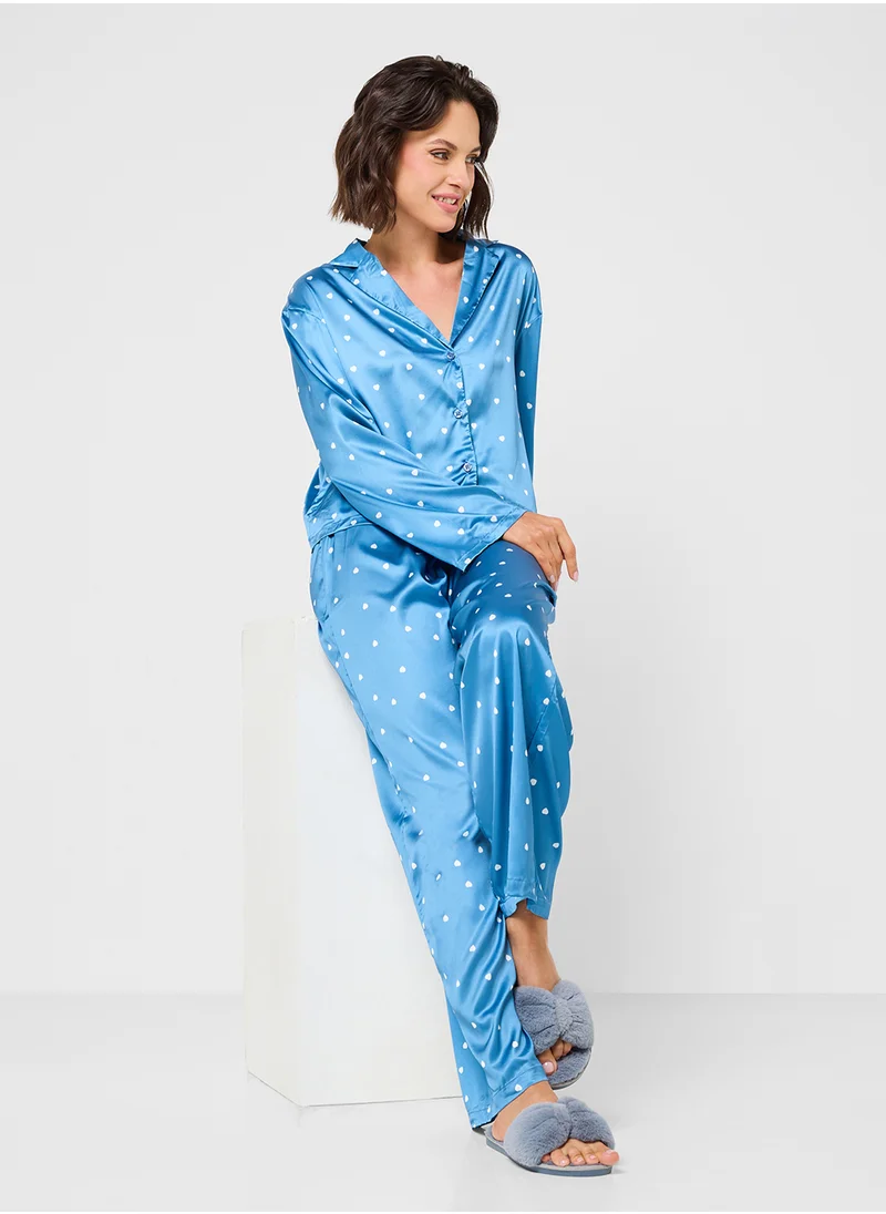 Ginger Satin Printed Button Down Pyjama Set