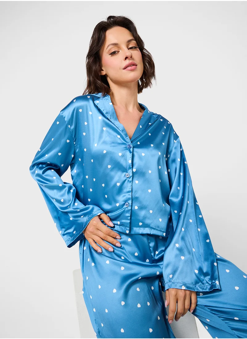 جينجر Satin Printed Button Down Pyjama Set