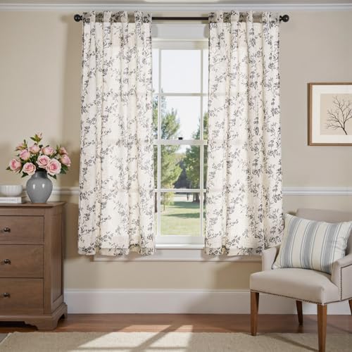 jinchan Linen Floral Curtains 63 Inch Farmhouse Country Flower Drapes Rustic Window Curtains Light Filtering for Living Room Bedroom Laundry Back Tab 2 Panels Black on Beige - Image 1