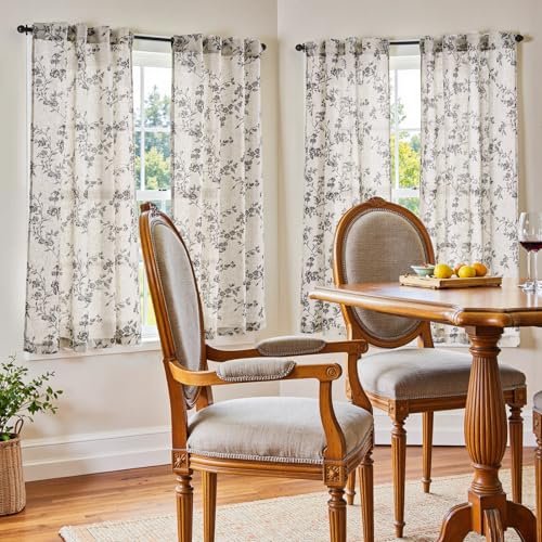 jinchan Linen Floral Curtains 63 Inch Farmhouse Country Flower Drapes Rustic Window Curtains Light Filtering for Living Room Bedroom Laundry Back Tab 2 Panels Black on Beige - Image 3