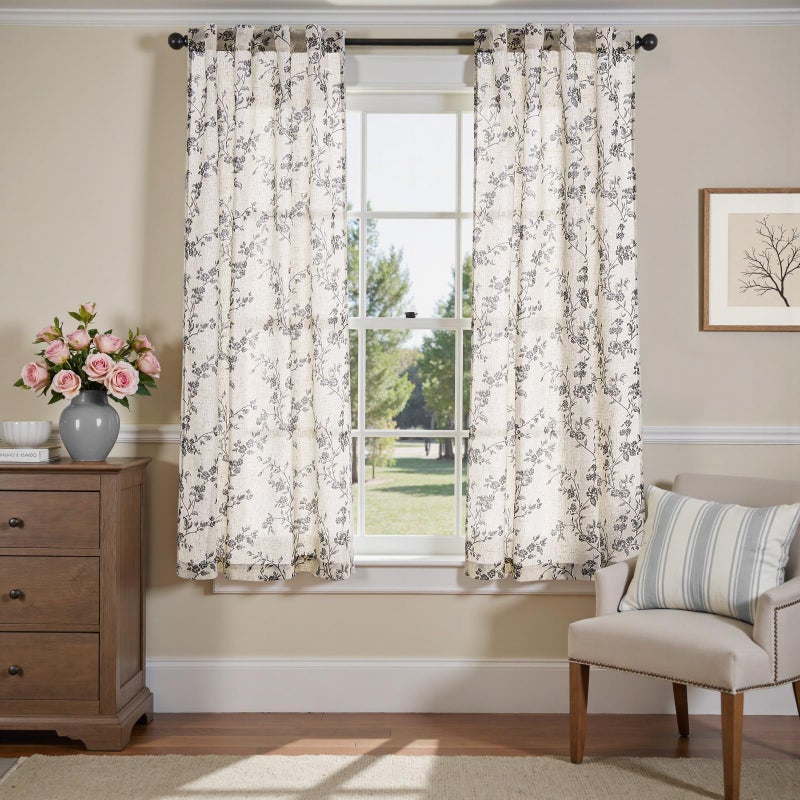 jinchan Linen Floral Curtains 63 Inch Farmhouse Country Flower Drapes Rustic Window Curtains Light Filtering for Living Room Bedroom Laundry Back Tab 2 Panels Black on Beige - Image 2