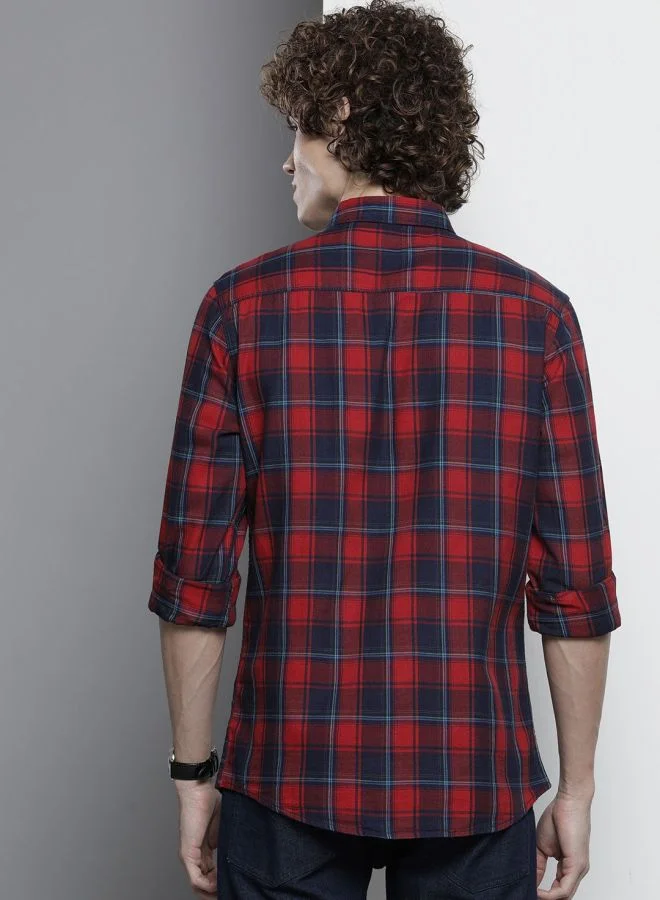 شركة المرآب الهندية Men Slim Fit Checkered Full Sleeves Spread Collar Casual Shirt