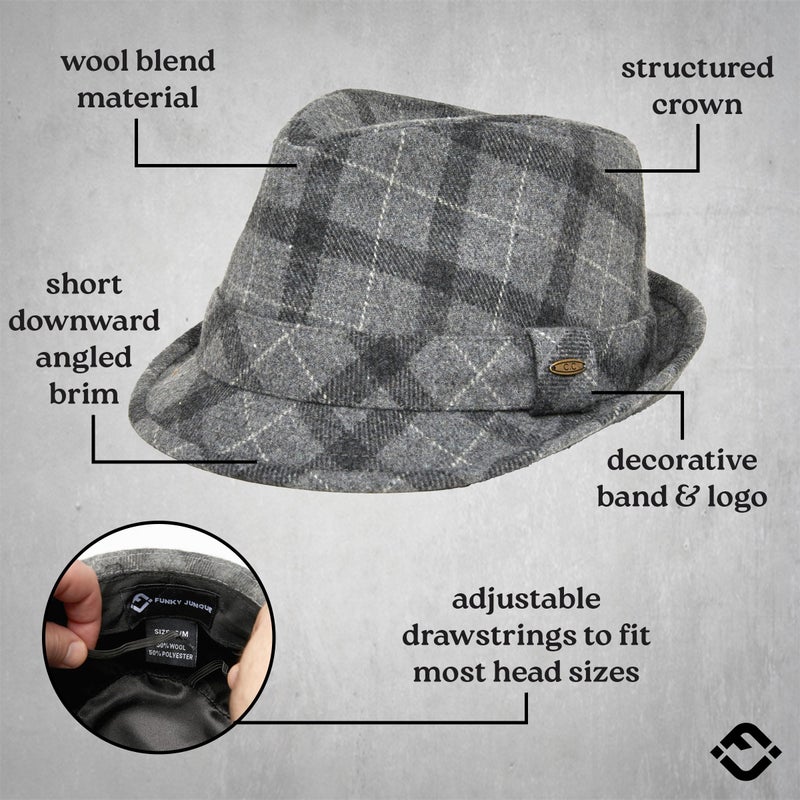 Funky Junque Menâ€™s Fedora Hat â€“ Classic Vintage Wool Blend Short Brim Dress Hats, Adjustable Wool Fedoras for Men, Fit for Formal & Casual Wear - Checkered Light Grey - Large/X-Large - Image 4