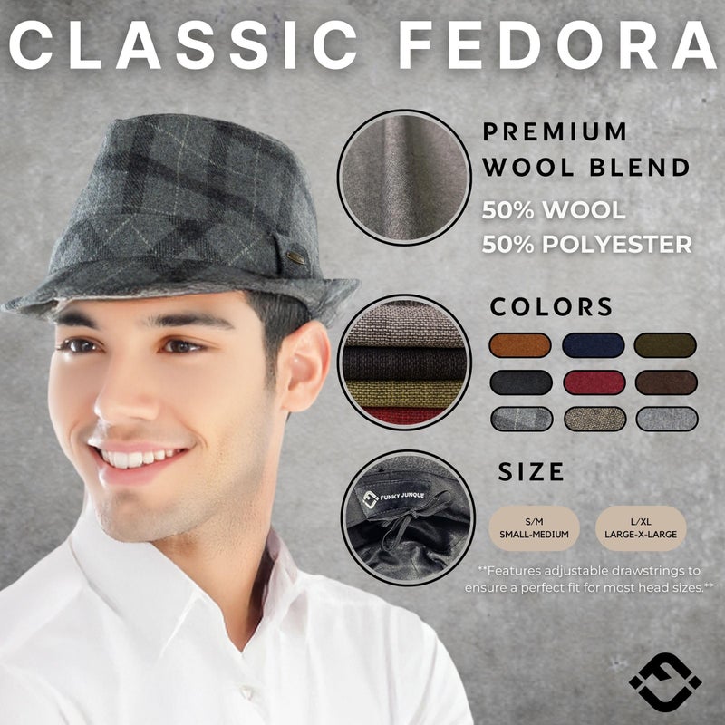 Funky Junque Menâ€™s Fedora Hat â€“ Classic Vintage Wool Blend Short Brim Dress Hats, Adjustable Wool Fedoras for Men, Fit for Formal & Casual Wear - Checkered Light Grey - Large/X-Large - Image 3
