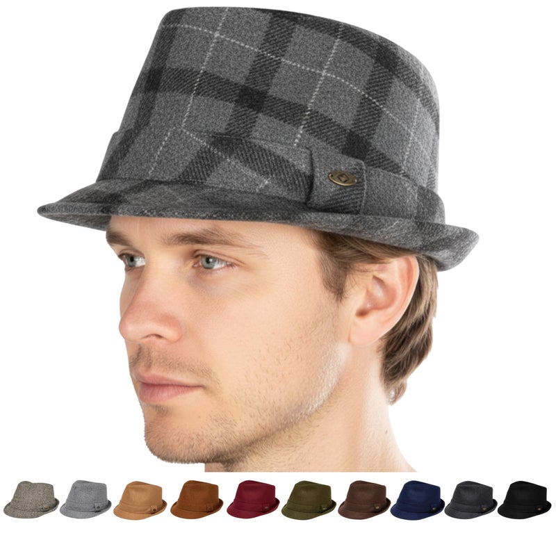 Funky Junque Menâ€™s Fedora Hat â€“ Classic Vintage Wool Blend Short Brim Dress Hats, Adjustable Wool Fedoras for Men, Fit for Formal & Casual Wear - Checkered Light Grey - Large/X-Large - Image 1