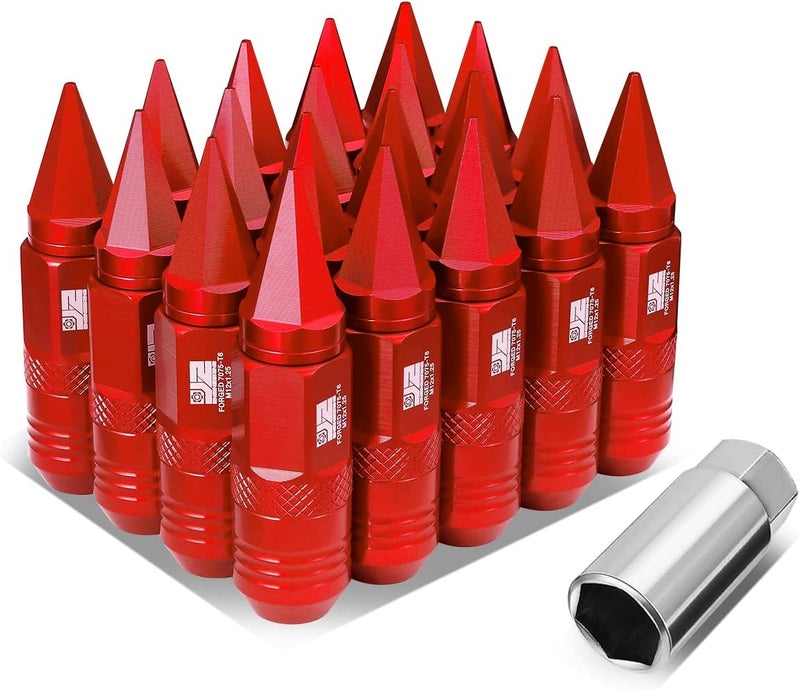 J2 Engineering 20Pcs M12x1.25 T6-7075 Aluminum Removable Spiky Cap Lug Nuts with Deep Drive Extension, Red - Image 1