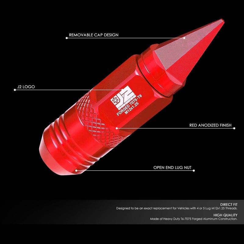J2 Engineering 20Pcs M12x1.25 T6-7075 Aluminum Removable Spiky Cap Lug Nuts with Deep Drive Extension, Red - Image 2