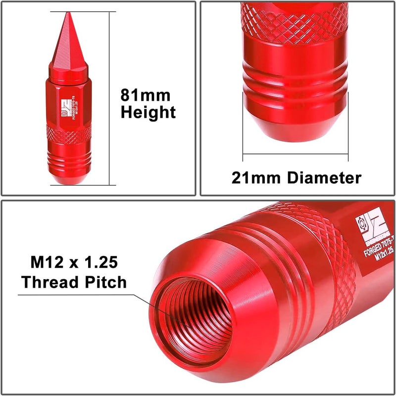 J2 Engineering 20Pcs M12x1.25 T6-7075 Aluminum Removable Spiky Cap Lug Nuts with Deep Drive Extension, Red - Image 4