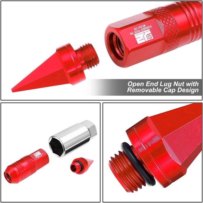 J2 Engineering 20Pcs M12x1.25 T6-7075 Aluminum Removable Spiky Cap Lug Nuts with Deep Drive Extension, Red - Image 5