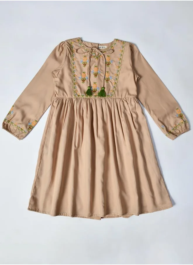 BELLA MODA Bella Moda Embroidered Tie-Up Neck Knee-Length Dress